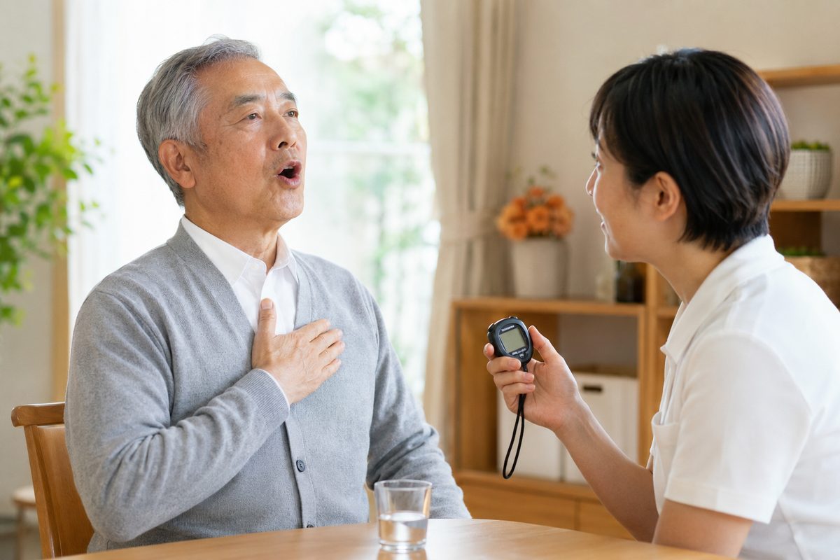 発声チェックを行うご入居者様とスタッフ